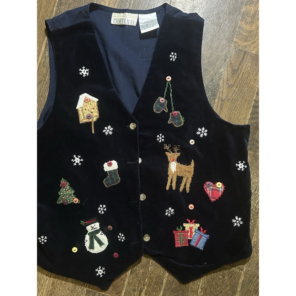 Christmas Vest Velvet Womens Size XL Black Embroidered Applique Reindeer Snowman